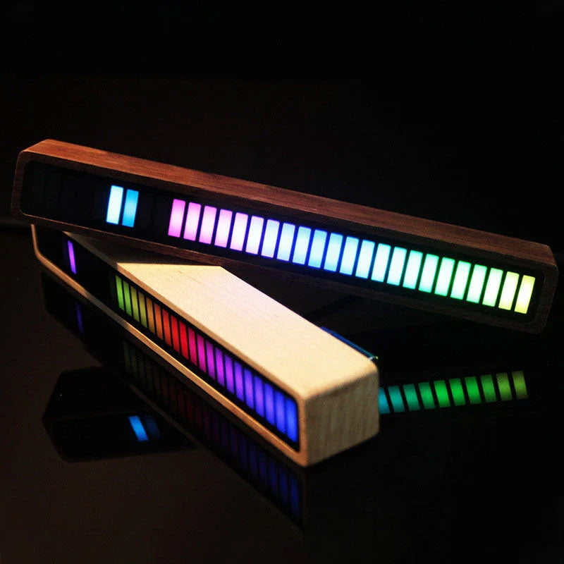 Bluetooth-enabled sound-activated rhythm lighting lamp with wooden frame, customizable LED display, and mobile app control