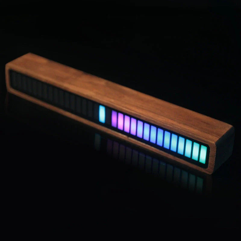 Bluetooth-enabled sound-activated rhythm lighting lamp with wooden frame, customizable LED display, and mobile app control