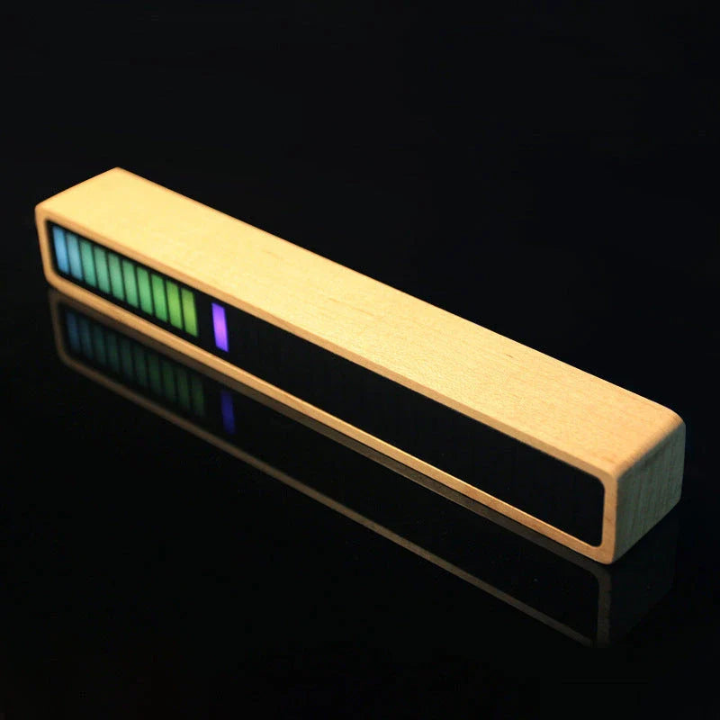 Bluetooth-enabled sound-activated rhythm lighting lamp with wooden frame, customizable LED display, and mobile app control