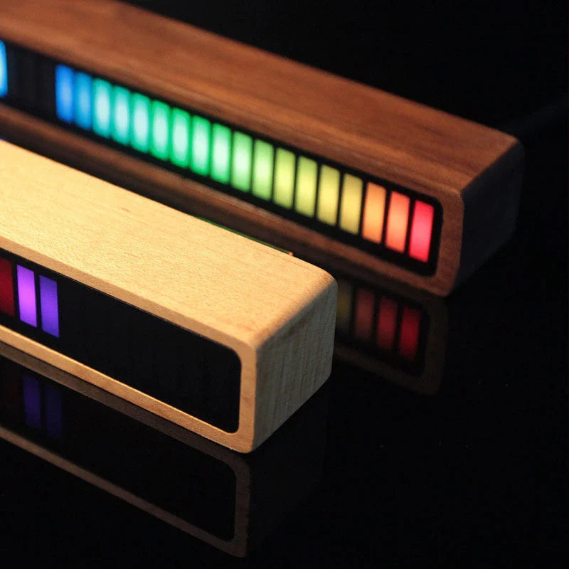 Bluetooth-enabled sound-activated rhythm lighting lamp with wooden frame, customizable LED display, and mobile app control