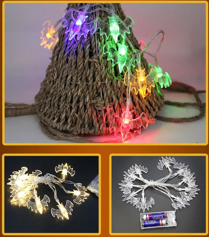 Halloween LED string lights with bat, ghost, and pumpkin pendants on a 1.2 metre white cable.