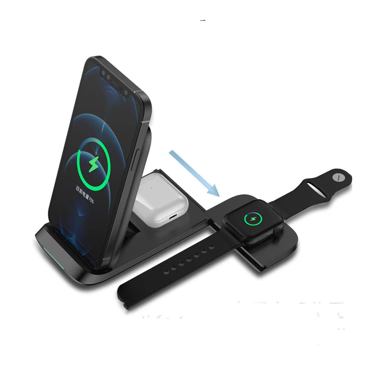 Black and white foldable 3-in-1 wireless charger showing three devices charging simultaneously