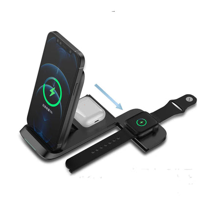Black and white foldable 3-in-1 wireless charger showing three devices charging simultaneously