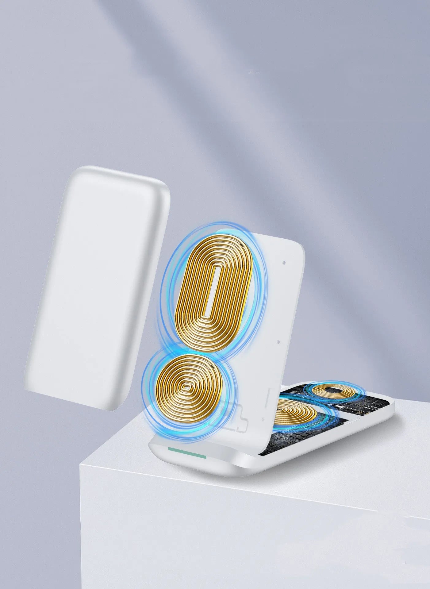 Black and white foldable 3-in-1 wireless charger showing three devices charging simultaneously