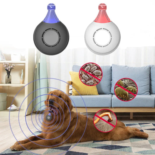 Ultrasonic pest repellent device with bright, multicolored safety lights for use around the home and with pets
