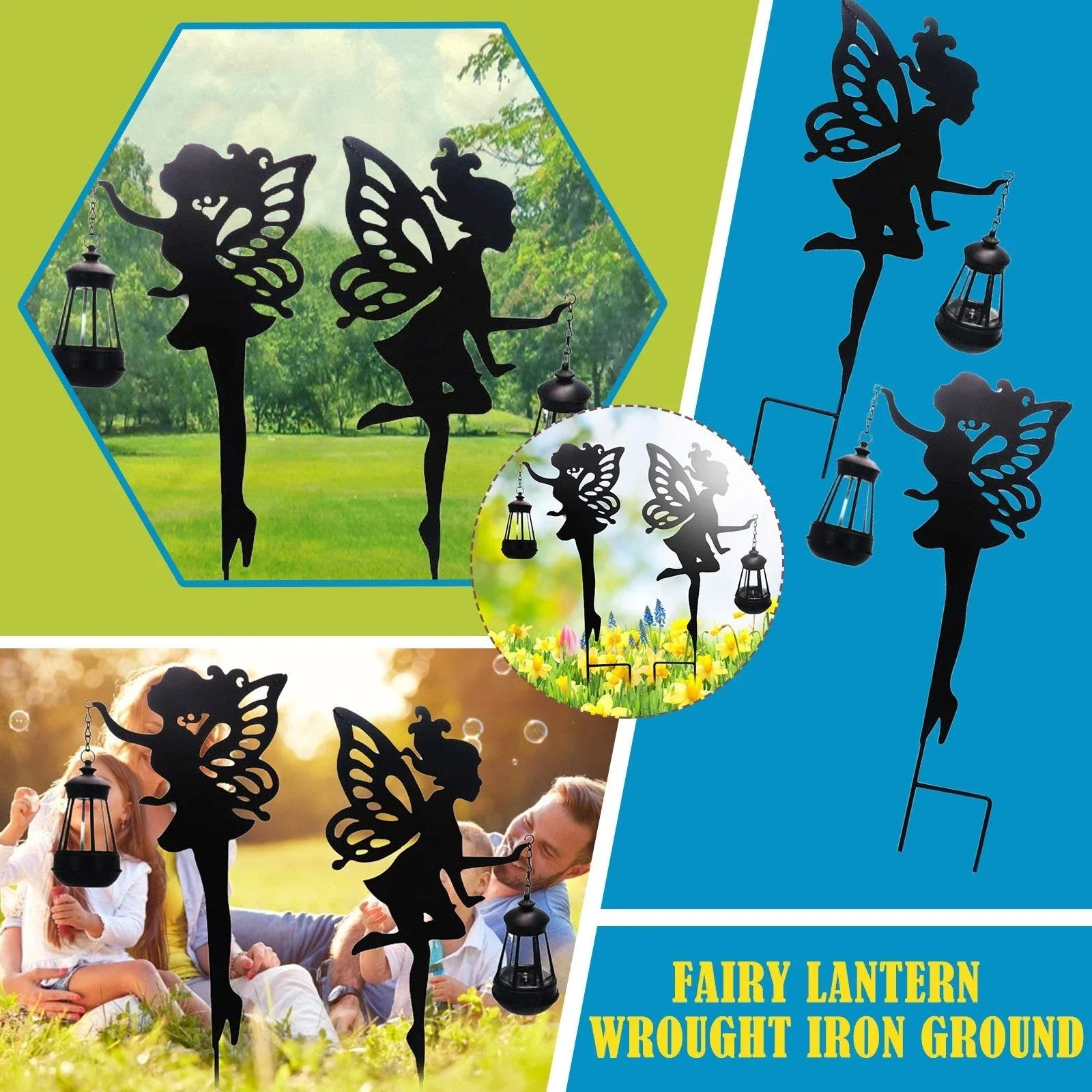 Solar-powered outdoor garden light with wrought-iron fairy lantern design, perfect for illuminating pathways, patios, and landscapes.