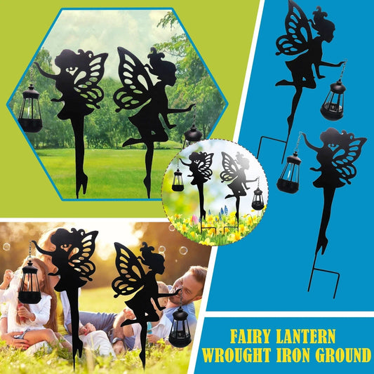 Solar-powered outdoor garden light with wrought-iron fairy lantern design, perfect for illuminating pathways, patios, and landscapes.