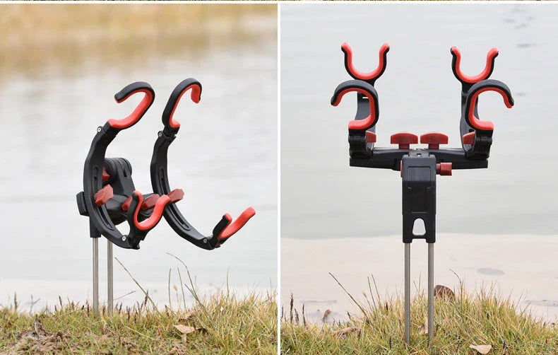 Adjustable fishing rod holder with 360-degree rotation, made of sturdy stainless steel for secure shore mounting