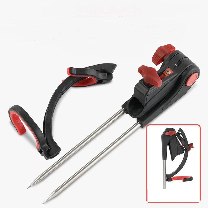 Adjustable fishing rod holder with 360-degree rotation, made of sturdy stainless steel for secure shore mounting