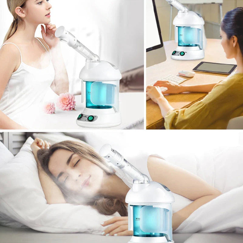 Facial steamer device with rotating nozzle and water tank for spa-like skin rejuvenation at home