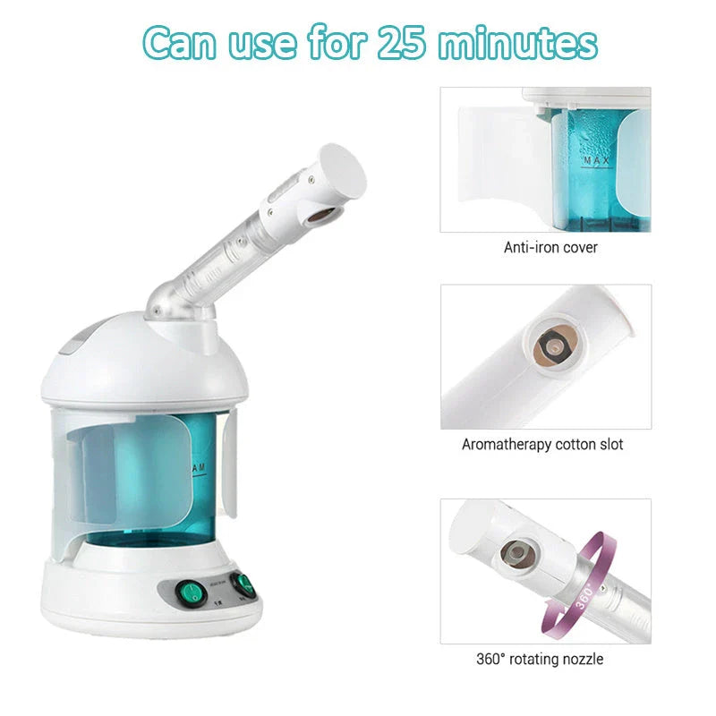 Facial steamer device with rotating nozzle and water tank for spa-like skin rejuvenation at home