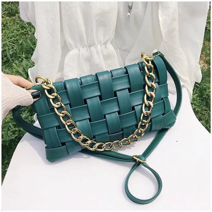 Woven PU leather women's crossbody bag with braided chain strap and zipper, available in five colours