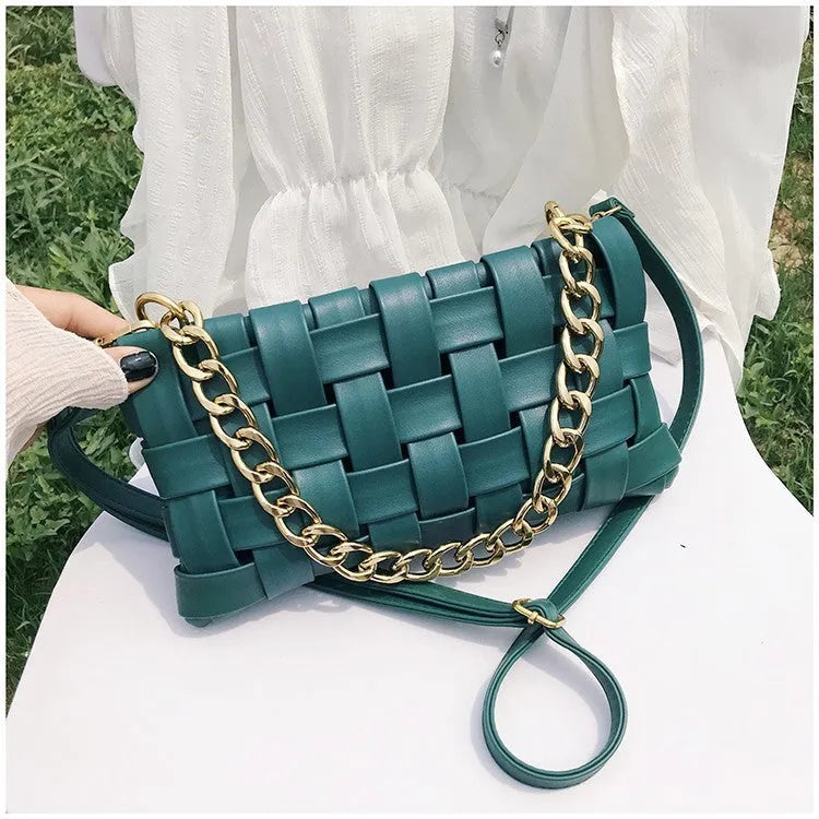 Luxury Weave Women's Shoulder Bag in PU Leather with Zipper Closure, Braided Chain Strap and Soft Handle, Single Strap Crossbody Bag in White, Red, Khaki, Green or Black