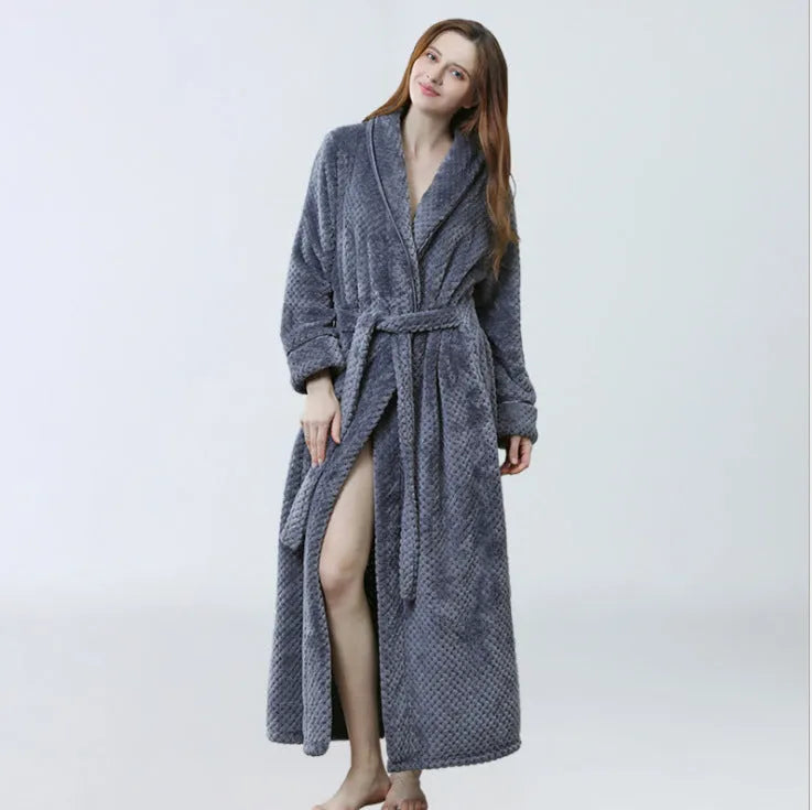 Men's winter long bathrobe in coral fleece, sleeveless no-collar, light grey navy blue brown, sizes M L XL.