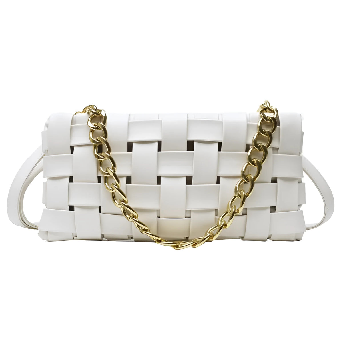 Woven PU leather women's crossbody bag with braided chain strap and zipper, available in five colours
