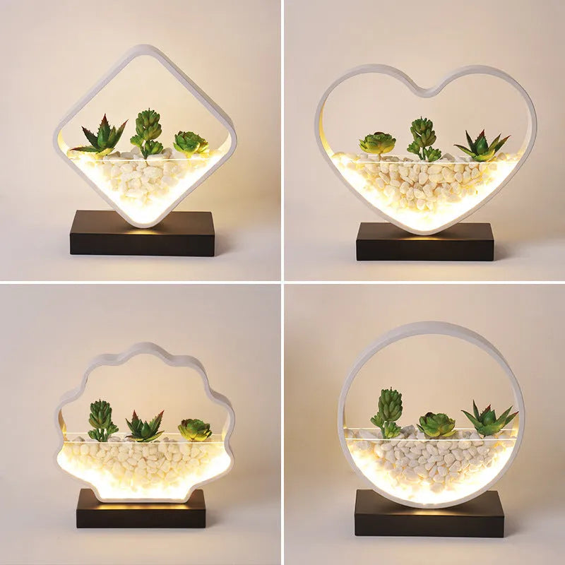 Black metal bedside table lamp with creative succulent design elements and push button switch