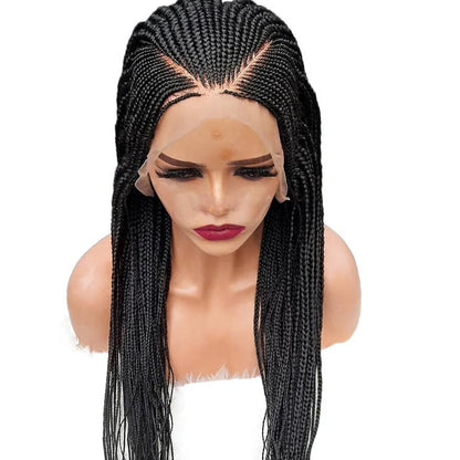 Black braided 13x6 lace front synthetic wig with 24-inch length and three distinct braids