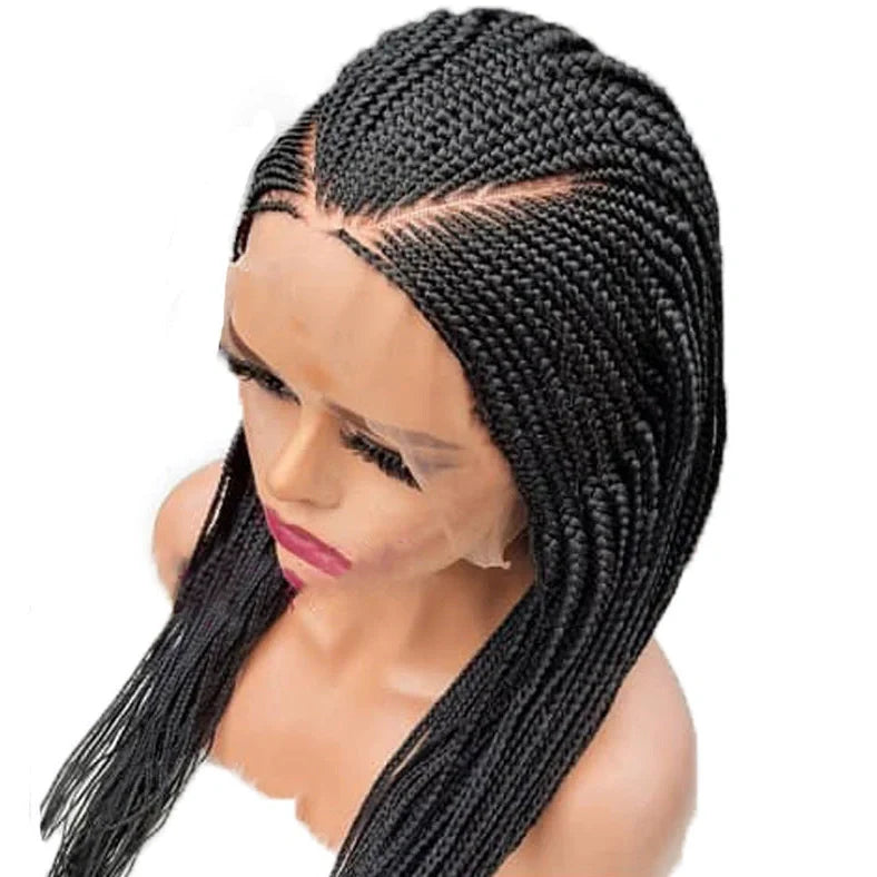 Black braided 13x6 lace front synthetic wig with 24-inch length and three distinct braids