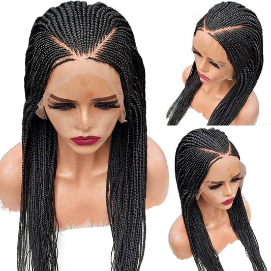 Black braided 13x6 lace front synthetic wig with 24-inch length and three distinct braids