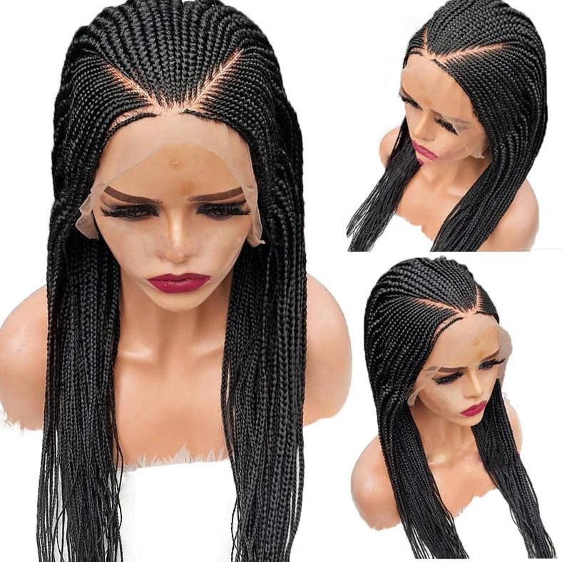 Black braided 13x6 lace front synthetic wig with 24-inch length and three distinct braids