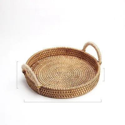 Round handwoven rattan basket with wooden handle and fabric liner in three size options