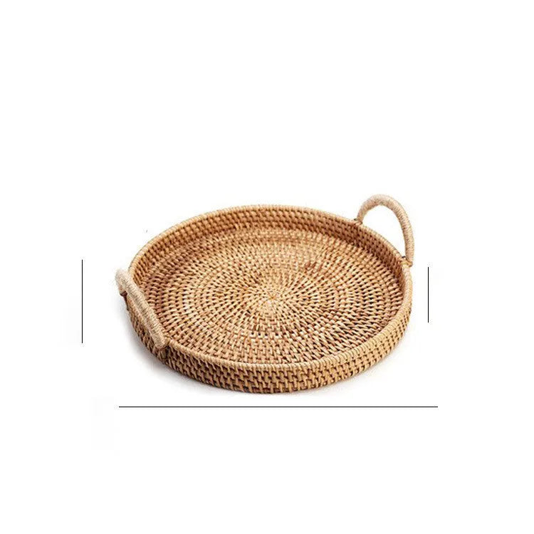 Round handwoven rattan basket with wooden handle and fabric liner in three size options
