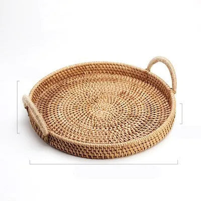 Round handwoven rattan basket with wooden handle and fabric liner in three size options