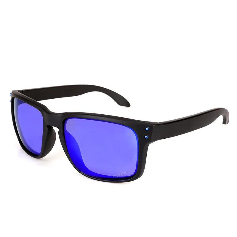 Men's sports sunglasses with polarised lenses in multiple colour options including blue, green, and grey plastic frames