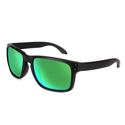 Men's sports sunglasses with polarised lenses in multiple colour options including blue, green, and grey plastic frames