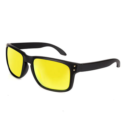 Men's sports sunglasses with polarised lenses in multiple colour options including blue, green, and grey plastic frames