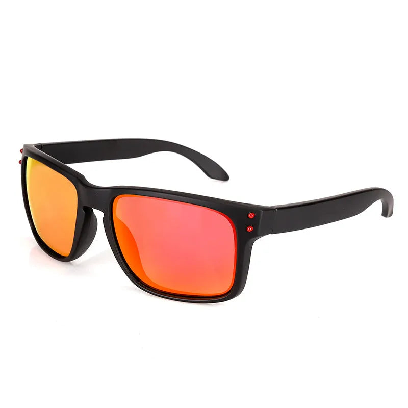 Men's sports sunglasses with polarised lenses in multiple colour options including blue, green, and grey plastic frames