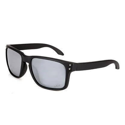 Men's sports sunglasses with polarised lenses in multiple colour options including blue, green, and grey plastic frames