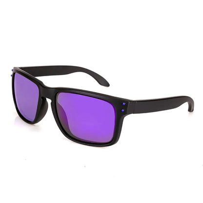 Men's sports sunglasses with polarised lenses in multiple colour options including blue, green, and grey plastic frames