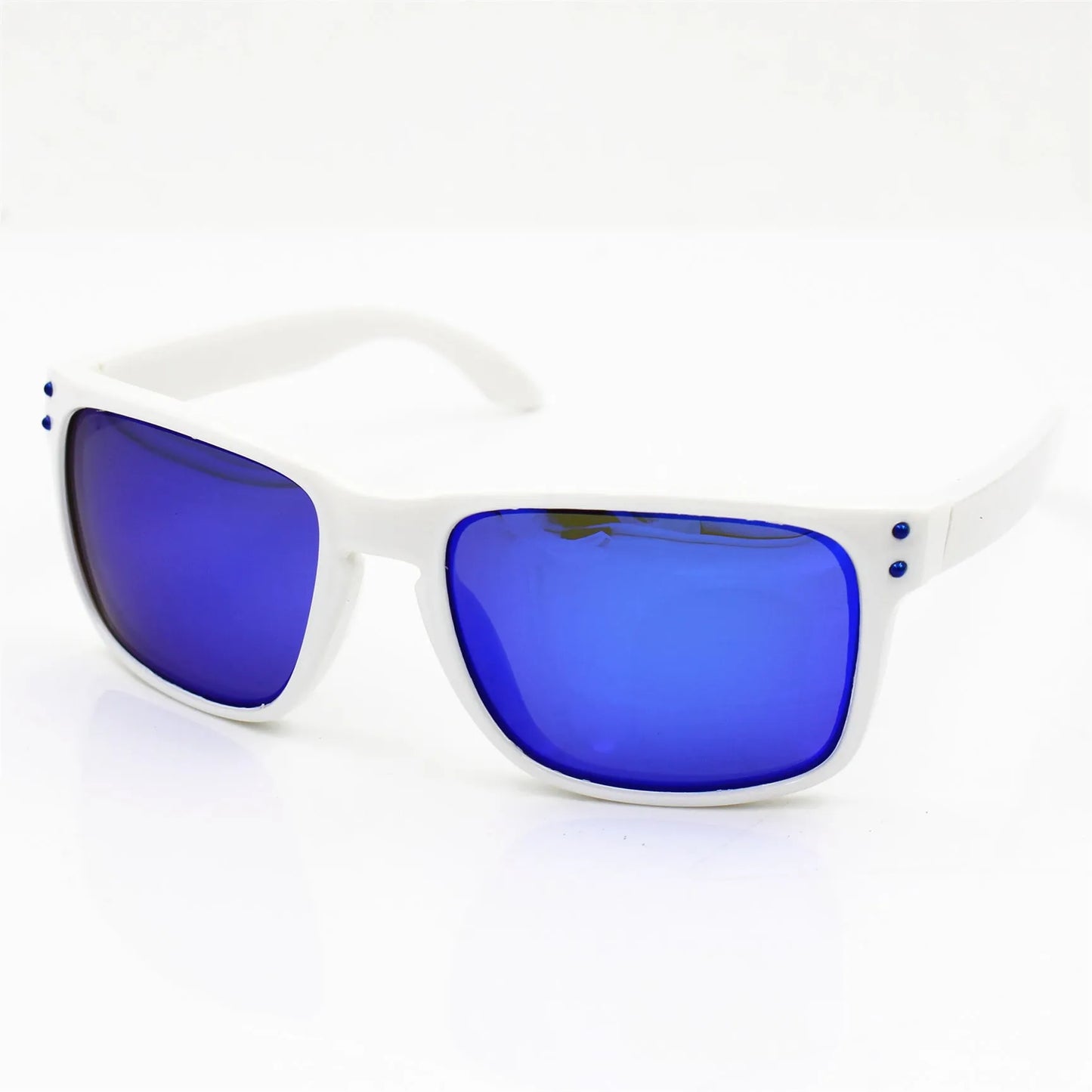 Men's sports sunglasses with polarised lenses in multiple colour options including blue, green, and grey plastic frames