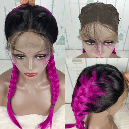 Black braided 13x6 lace front synthetic wig with 24-inch length and three distinct braids