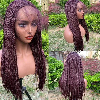 Black braided 13x6 lace front synthetic wig with 24-inch length and three distinct braids
