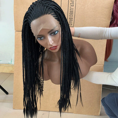 Black braided 13x6 lace front synthetic wig with 24-inch length and three distinct braids