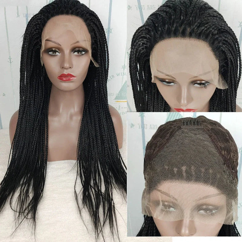 Black braided 13x6 lace front synthetic wig with 24-inch length and three distinct braids