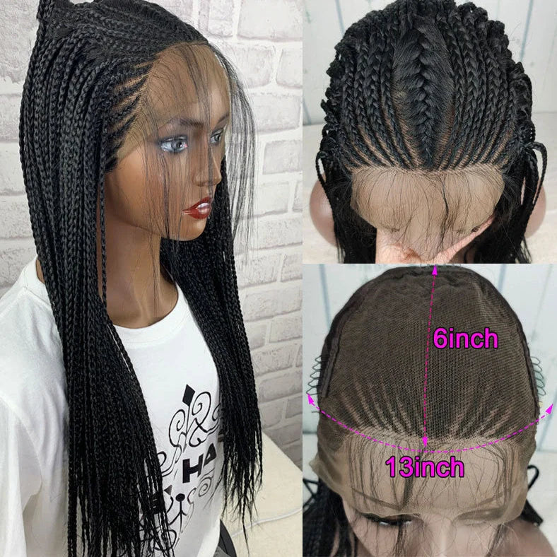 Black braided 13x6 lace front synthetic wig with 24-inch length and three distinct braids