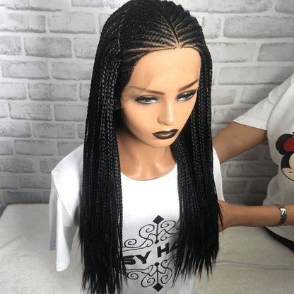 Black braided 13x6 lace front synthetic wig with 24-inch length and three distinct braids