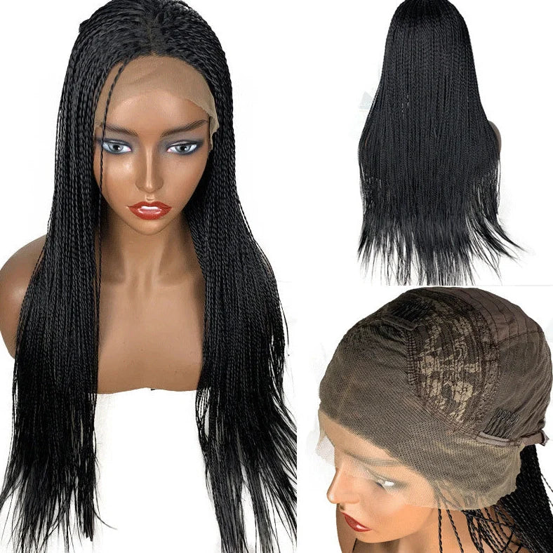 Black braided 13x6 lace front synthetic wig with 24-inch length and three distinct braids