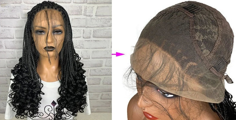 Black braided 13x6 lace front synthetic wig with 24-inch length and three distinct braids
