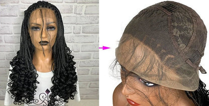 Black braided 13x6 lace front synthetic wig with 24-inch length and three distinct braids