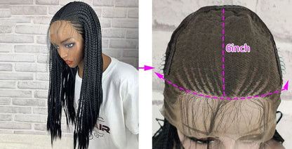 Black braided 13x6 lace front synthetic wig with 24-inch length and three distinct braids