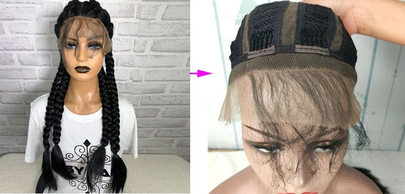 Black braided 13x6 lace front synthetic wig with 24-inch length and three distinct braids