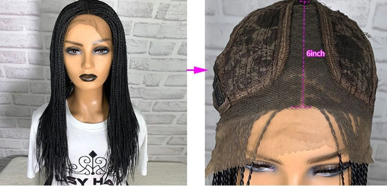 Black braided 13x6 lace front synthetic wig with 24-inch length and three distinct braids