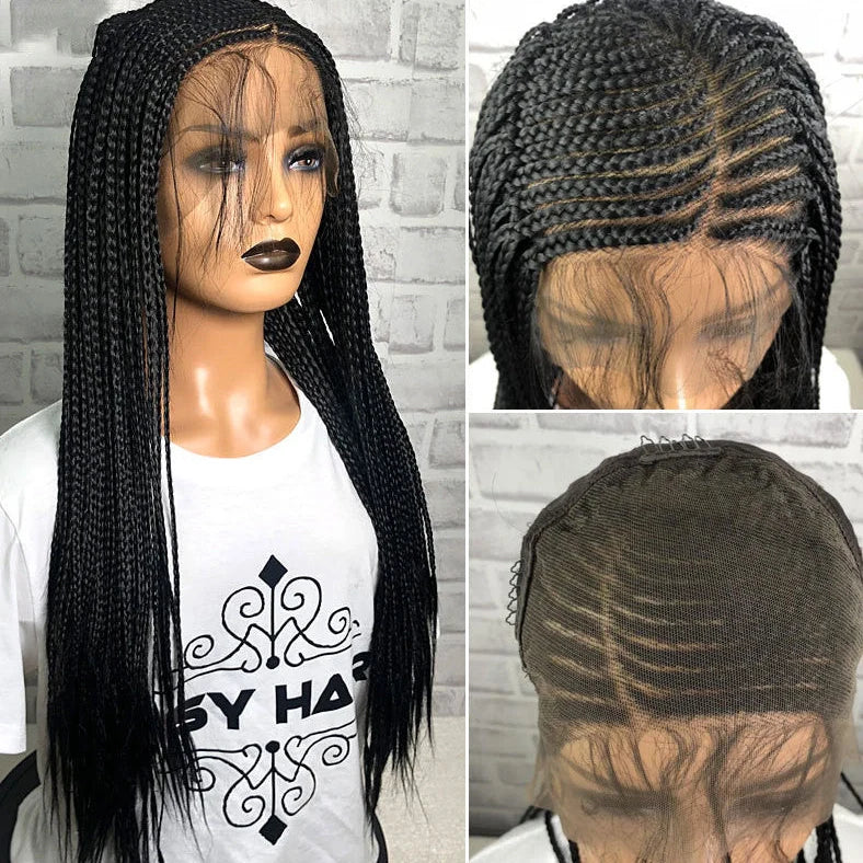 Black braided 13x6 lace front synthetic wig with 24-inch length and three distinct braids