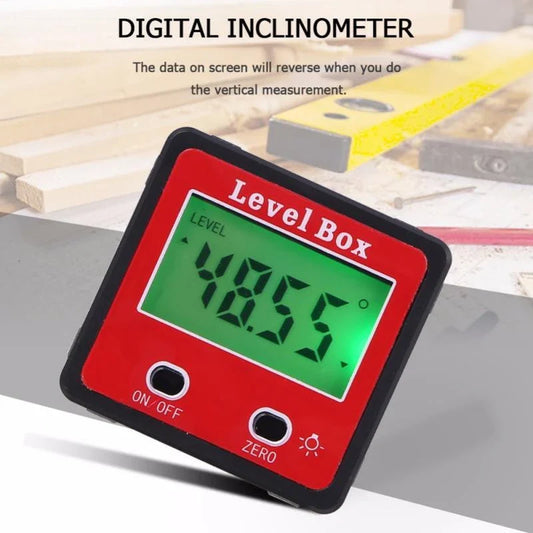 Digital angle finder with large LCD display, magnetic base, and compact, lightweight design for woodworking, construction, and other industries