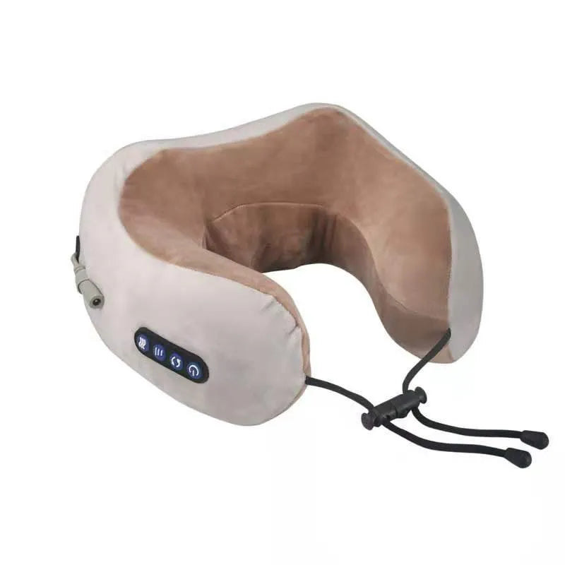 Brown U shaped electric neck massage pillow on a grey background