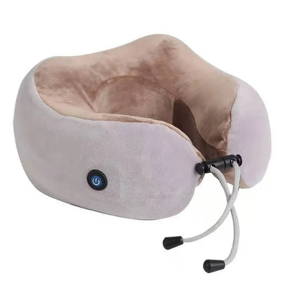 Brown U shaped electric neck massage pillow on a grey background